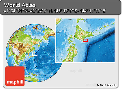 Physical Location Map of the Area around 42° 9' 30" N, 143° 43' 29" E