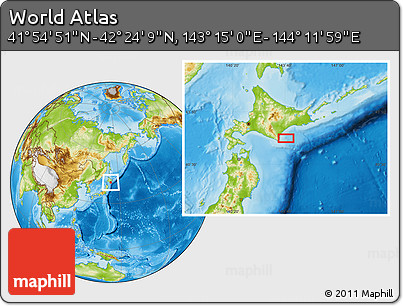 Physical Location Map of the Area around 42° 9' 30" N, 143° 43' 29" E
