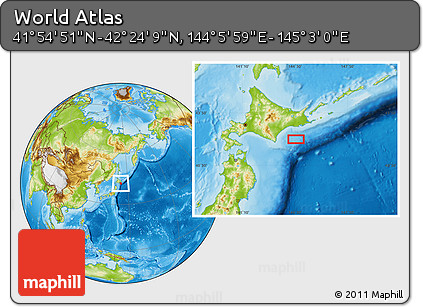 Physical Location Map of the Area around 42° 9' 30" N, 144° 34' 29" E