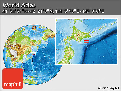 Physical Location Map of the Area around 42° 9' 30" N, 144° 34' 29" E
