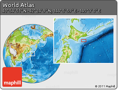 Physical Location Map of the Area around 42° 9' 30" N, 144° 34' 29" E
