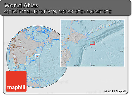 Gray Location Map of the Area around 42° 9' 30" N, 146° 16' 30" E, hill shading