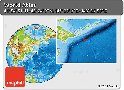 Physical Location Map of the Area around 42° 9' 30" N, 147° 58' 29" E