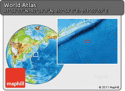 Physical Location Map of the Area around 42° 9' 30" N, 151° 22' 30" E