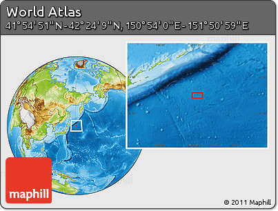 Physical Location Map of the Area around 42° 9' 30" N, 151° 22' 30" E