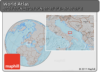 Gray Location Map of the Area around 42° 9' 30" N, 16° 13' 30" E, hill shading