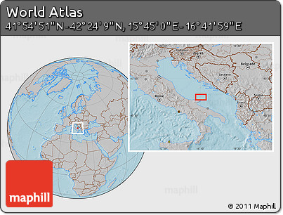 Gray Location Map of the Area around 42° 9' 30" N, 16° 13' 30" E, hill shading