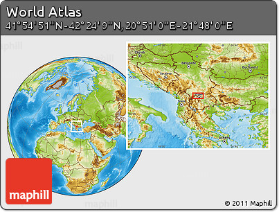 Physical Location Map of the Area around 42° 9' 30" N, 21° 19' 30" E