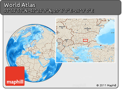 Shaded Relief Location Map of the Area around 42° 9' 30" N, 25° 34' 30" E