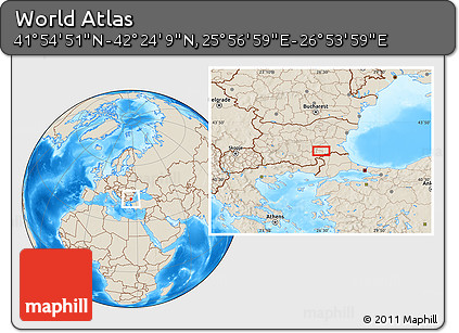 Shaded Relief Location Map of the Area around 42°&nbsp;9'&nbsp;30"&nbsp;N,&nbsp;26°&nbsp;25'&nbsp;29"&nbsp;E