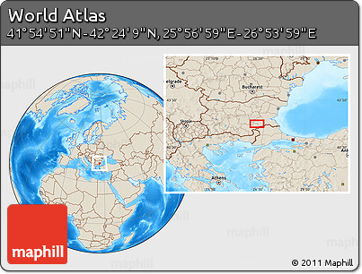 Shaded Relief Location Map of the Area around 42°&nbsp;9'&nbsp;30"&nbsp;N,&nbsp;26°&nbsp;25'&nbsp;29"&nbsp;E
