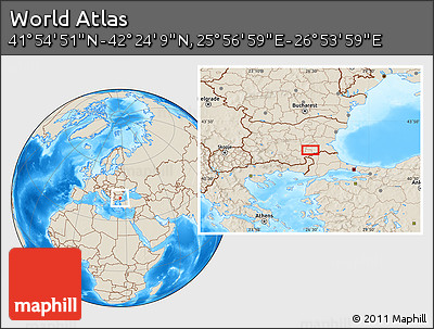 Shaded Relief Location Map of the Area around 42°&nbsp;9'&nbsp;30"&nbsp;N,&nbsp;26°&nbsp;25'&nbsp;29"&nbsp;E