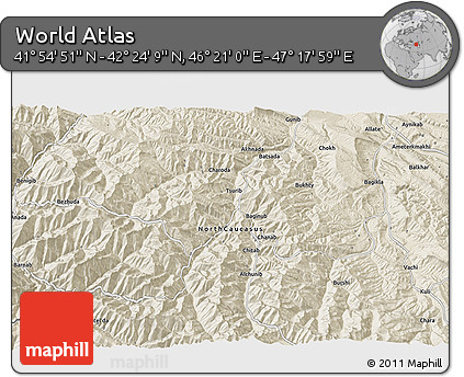 Shaded Relief 3D Map of the Area around 42° 9' 30" N, 46° 49' 30" E