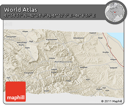 Shaded Relief 3D Map of the Area around 42° 9' 30" N, 47° 40' 29" E