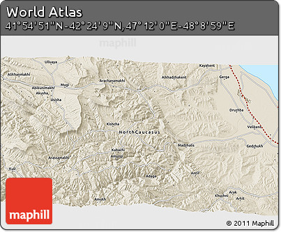 Shaded Relief 3D Map of the Area around 42° 9' 30" N, 47° 40' 29" E
