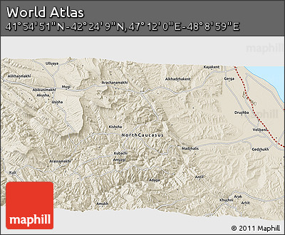 Shaded Relief 3D Map of the Area around 42° 9' 30" N, 47° 40' 29" E