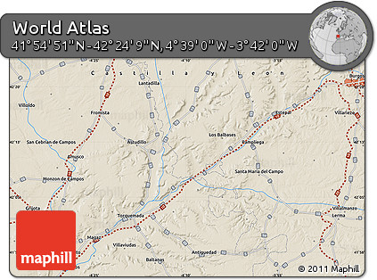 Shaded Relief Map of the Area around 42° 9' 30" N, 4° 10' 30" W