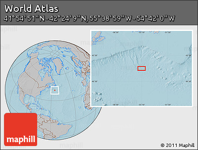 Gray Location Map of the Area around 42° 9' 30" N, 55° 10' 29" W, hill shading
