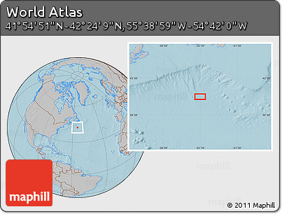 Gray Location Map of the Area around 42° 9' 30" N, 55° 10' 29" W, hill shading