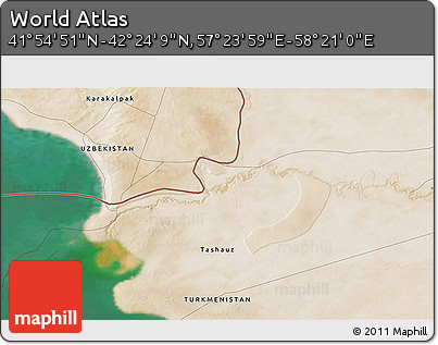 Satellite 3D Map of the Area around 42° 9' 30" N, 57° 52' 30" E