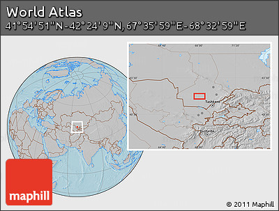 Gray Location Map of the Area around 42° 9' 30" N, 68° 4' 29" E, hill shading
