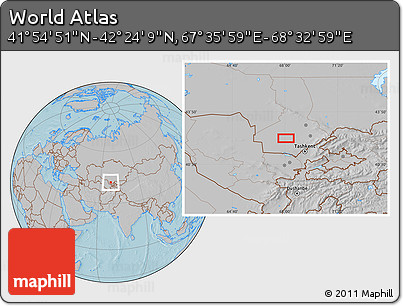 Gray Location Map of the Area around 42° 9' 30" N, 68° 4' 29" E, hill shading