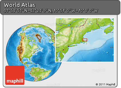 Physical Location Map of the Area around 42° 9' 30" N, 70° 28' 29" W