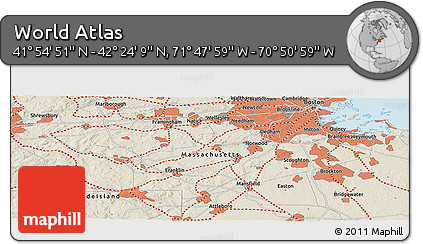 Shaded Relief Panoramic Map of the Area around 42° 9' 30" N, 71° 19' 29" W