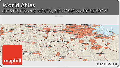 Shaded Relief Panoramic Map of the Area around 42° 9' 30" N, 71° 19' 29" W
