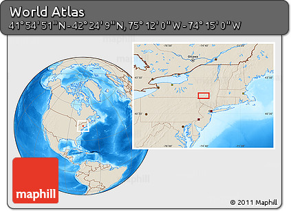 Shaded Relief Location Map of the Area around 42° 9' 30" N, 74° 43' 29" W