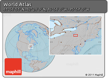 Gray Location Map of the Area around 42° 9' 30" N, 76° 25' 30" W, hill shading