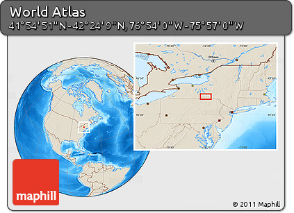 Shaded Relief Location Map of the Area around 42° 9' 30" N, 76° 25' 30" W