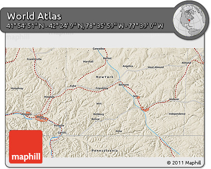 Shaded Relief 3D Map of the Area around 42° 9' 30" N, 78° 7' 30" W