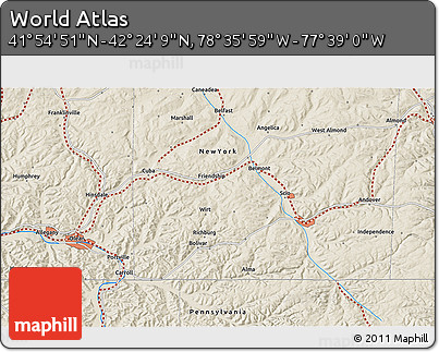 Shaded Relief 3D Map of the Area around 42° 9' 30" N, 78° 7' 30" W