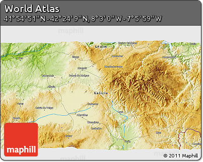 Physical 3D Map of the Area around 42° 9' 30" N, 7° 34' 30" W