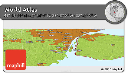 Physical Panoramic Map of the Area around 42° 9' 30" N, 83° 13' 29" W