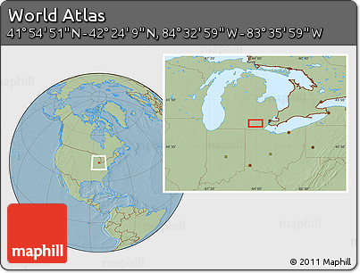 Savanna Style Location Map of the Area around 42° 9' 30" N, 84° 4' 29" W, hill shading
