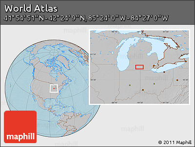 Gray Location Map of the Area around 42° 9' 30" N, 84° 55' 30" W, hill shading