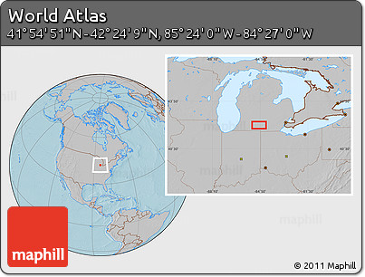 Gray Location Map of the Area around 42° 9' 30" N, 84° 55' 30" W, hill shading