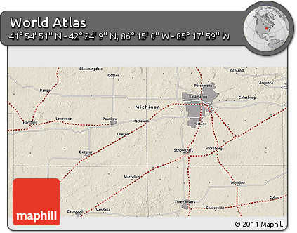 Shaded Relief 3D Map of the Area around 42° 9' 30" N, 85° 46' 30" W