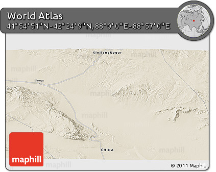 Shaded Relief 3D Map of the Area around 42° 9' 30" N, 88° 28' 29" E