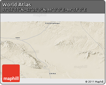 Shaded Relief 3D Map of the Area around 42° 9' 30" N, 88° 28' 29" E