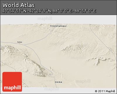 Shaded Relief 3D Map of the Area around 42° 9' 30" N, 88° 28' 29" E