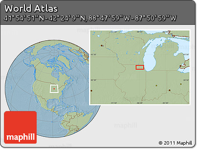 Savanna Style Location Map of the Area around 42° 9' 30" N, 88° 19' 29" W, hill shading