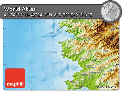 Physical Map of the Area around 42° 9' 30" N, 8° 34' 29" E