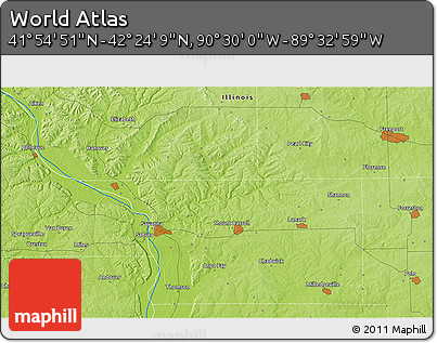 Physical 3D Map of the Area around 42° 9' 30" N, 90° 1' 30" W