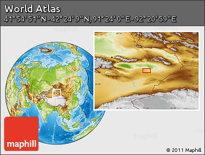 Physical Location Map of the Area around 42° 9' 30" N, 91° 52' 30" E