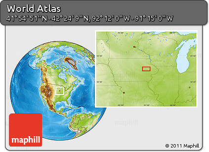 Physical Location Map of the Area around 42° 9' 30" N, 91° 43' 29" W