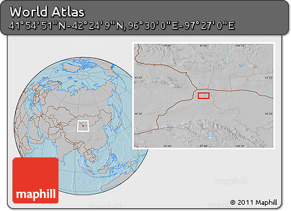 Gray Location Map of the Area around 42° 9' 30" N, 96° 58' 29" E, hill shading