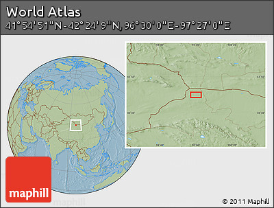 Savanna Style Location Map of the Area around 42° 9' 30" N, 96° 58' 29" E, hill shading
